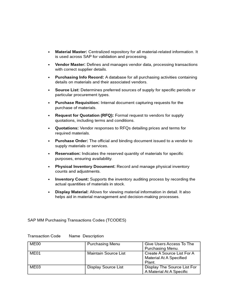 SAP MM Purchasing Transaction Codes | PDF | Business
