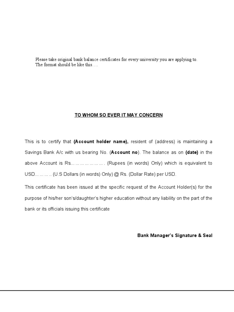 Bank Certificate Format Rupee Banking