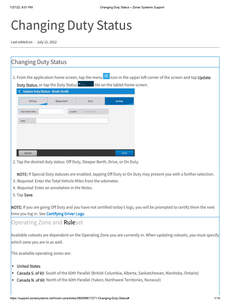 Update Duty Status in Zonar ELD | PDF | Transport