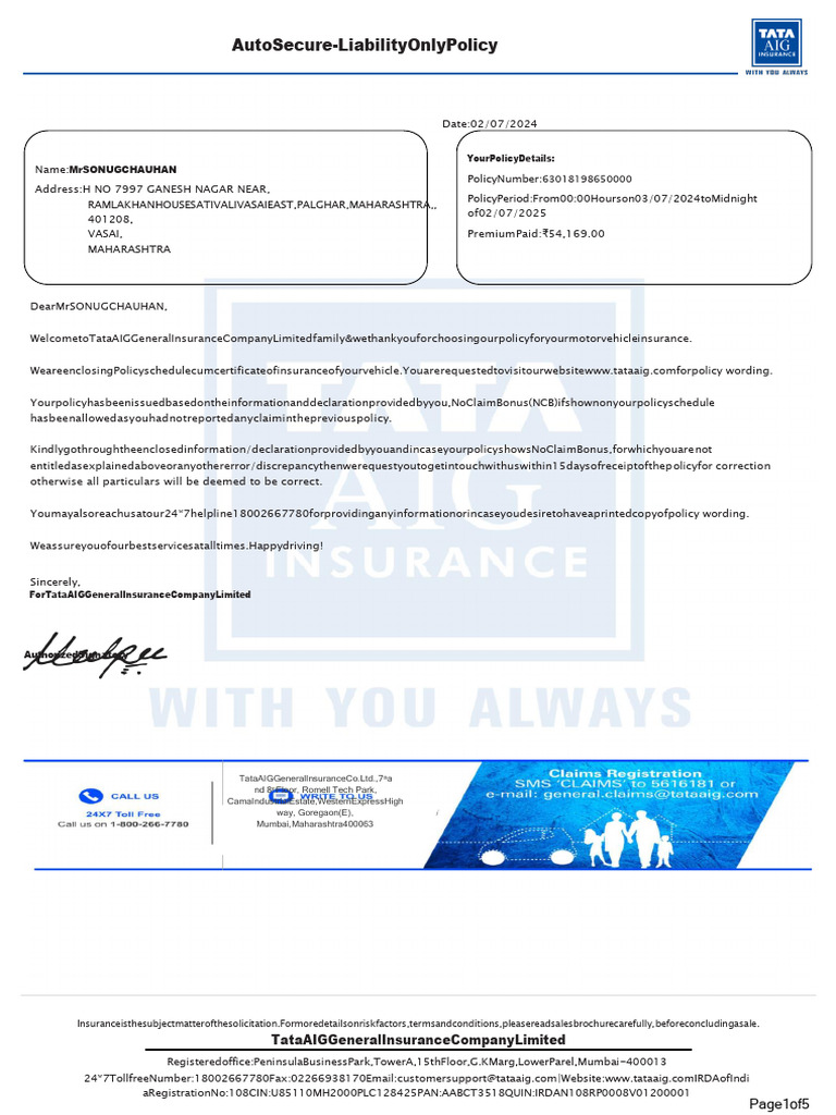Tata AIG Motor Policy Schedule - 3189 - 6301819865-00 | PDF | Vehicles ...