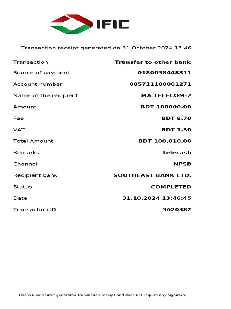 Transaction Receipt for MA TELECOM-2 | PDF