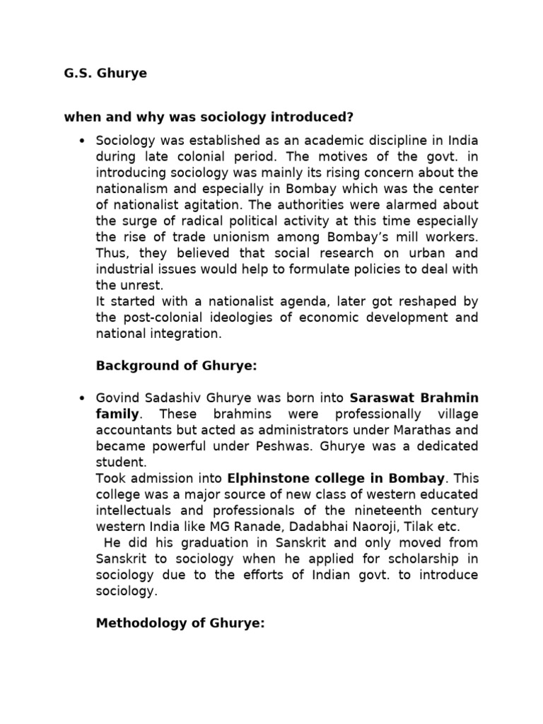 G.S. Ghurye: Pioneer of Indian Sociology | PDF | Sociology | Field Research