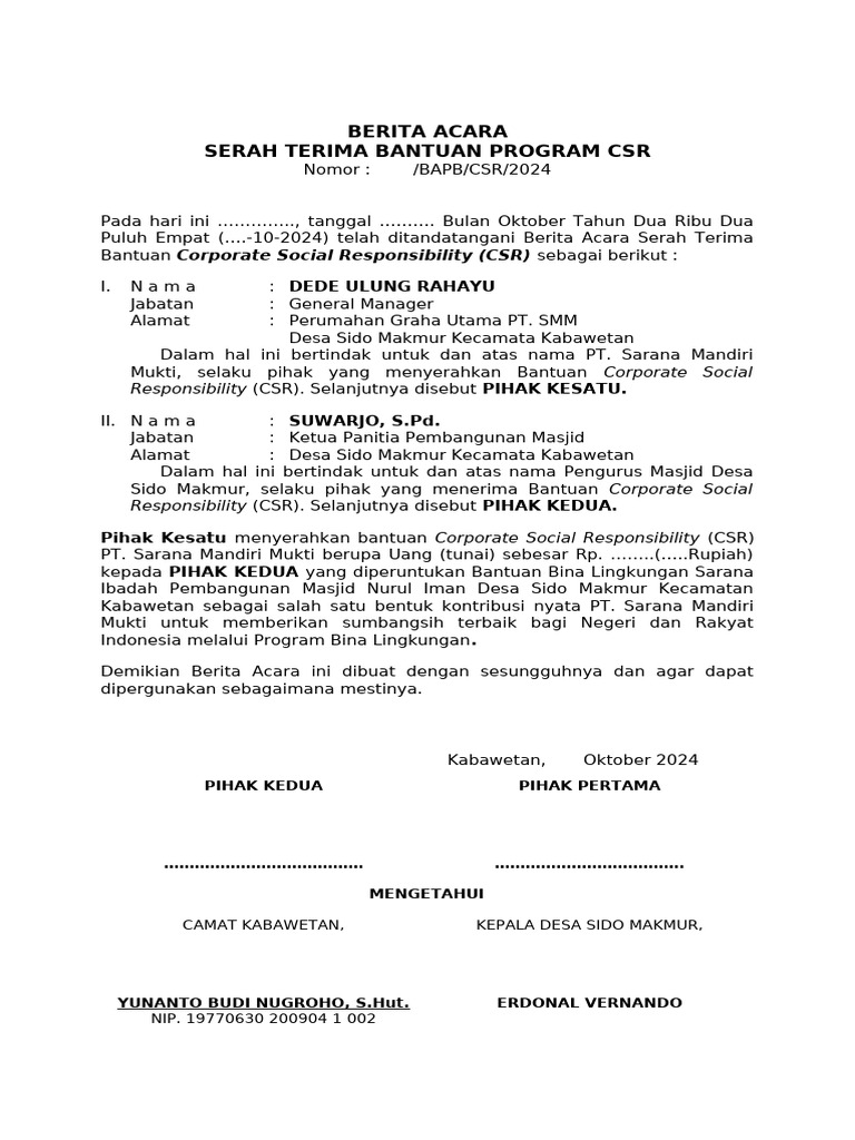 Serah Terima Bantuan CSR Masjid Nurul Iman | PDF | Bisnis | Pengelolaan ...