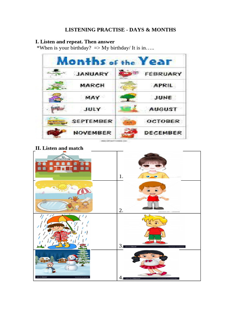 Listening Practice: Days and Months Activities | PDF