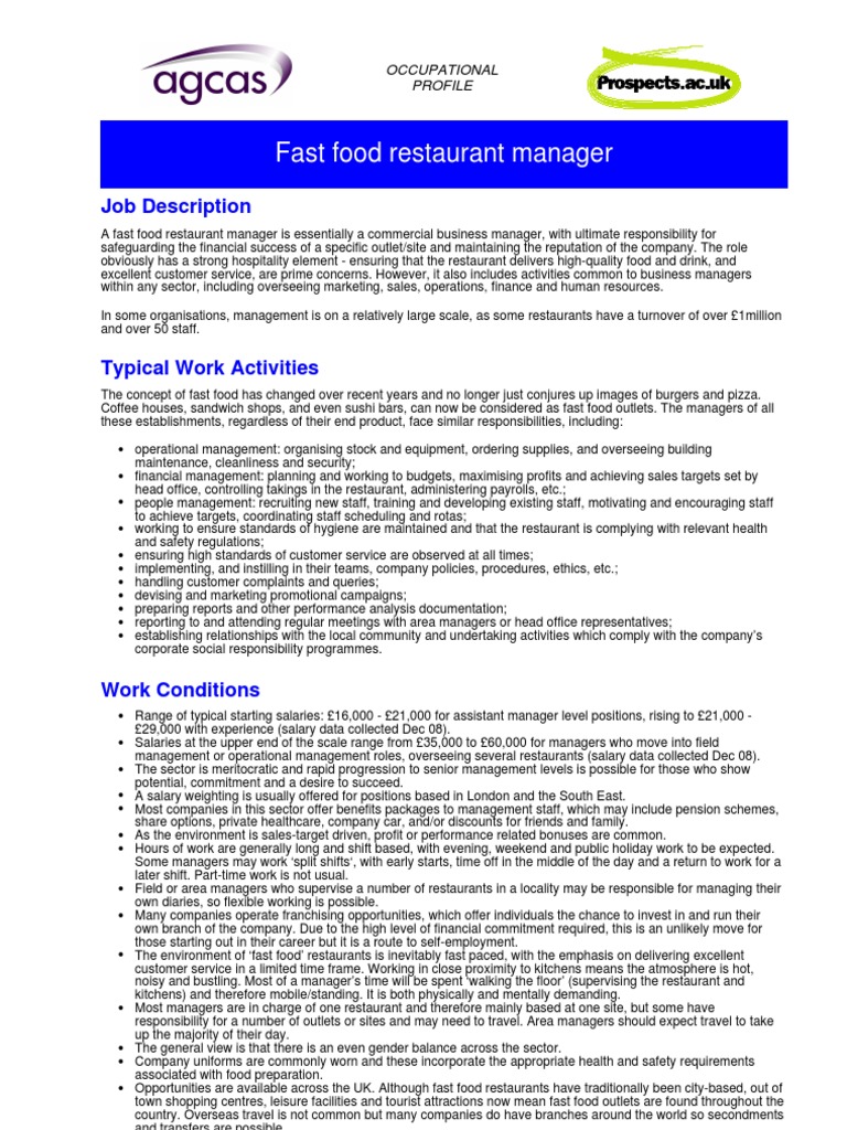 E1 Fast Food Restaurant Manager | PDF | Postgraduate Education | Fast ...