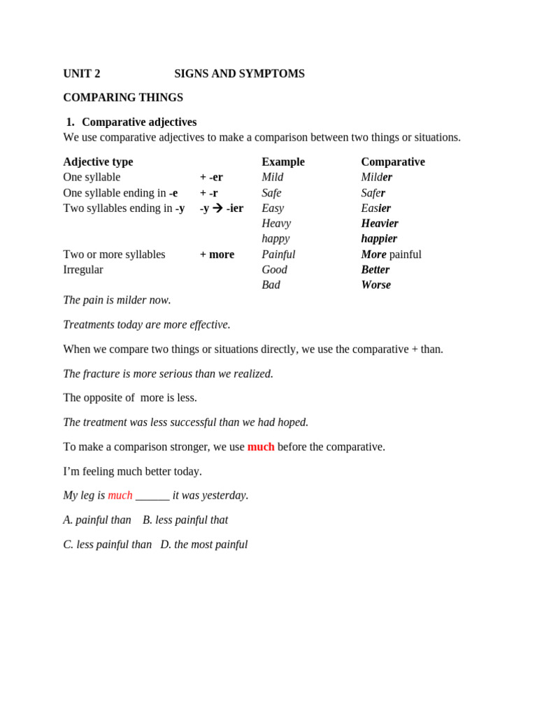 UNIT 2 Comparing Things | PDF | Adjective | Pain