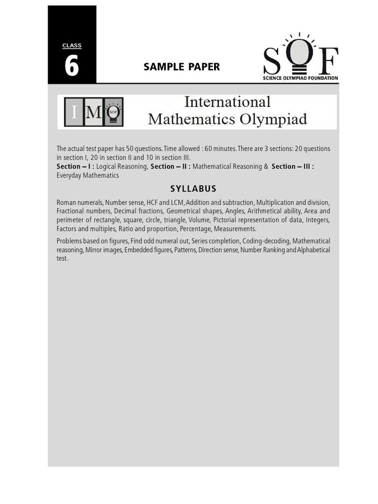 Class 6 International Math Olympiad Sample Paper | PDF | Numbers | Ratio
