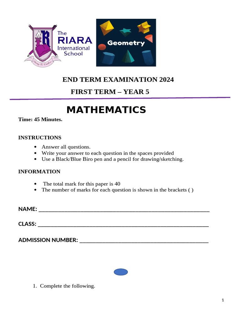Year 5 Mathematics End Term Exam 2024 | PDF