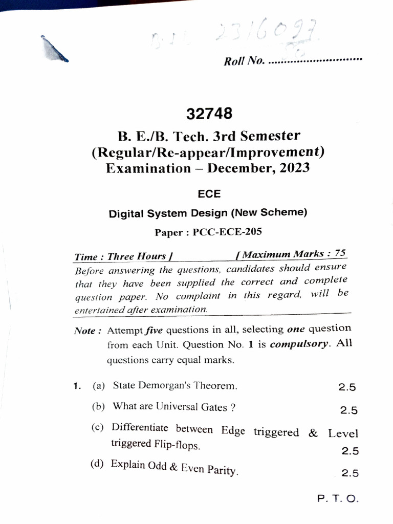 Digital System Design Exam Paper 2023 | PDF | Electronic Engineering ...
