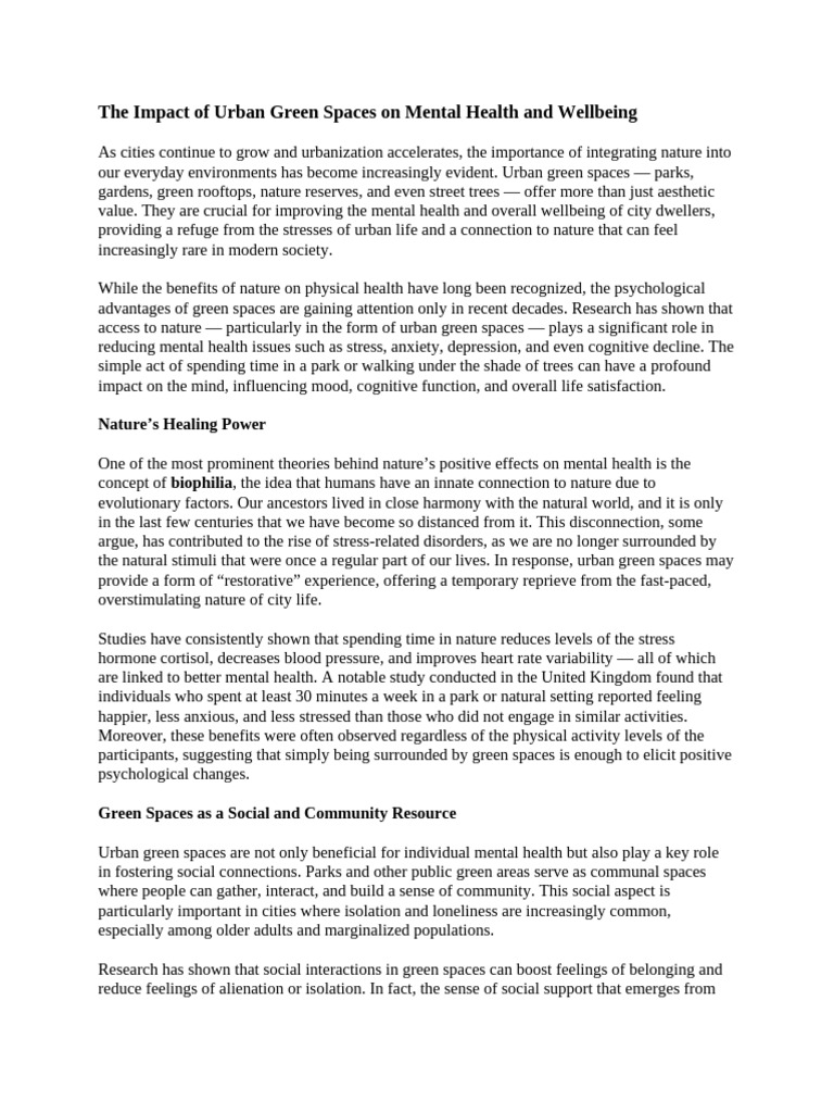 The Impact of Urban Green Spaces On Mental Health and Wellbeing | PDF ...
