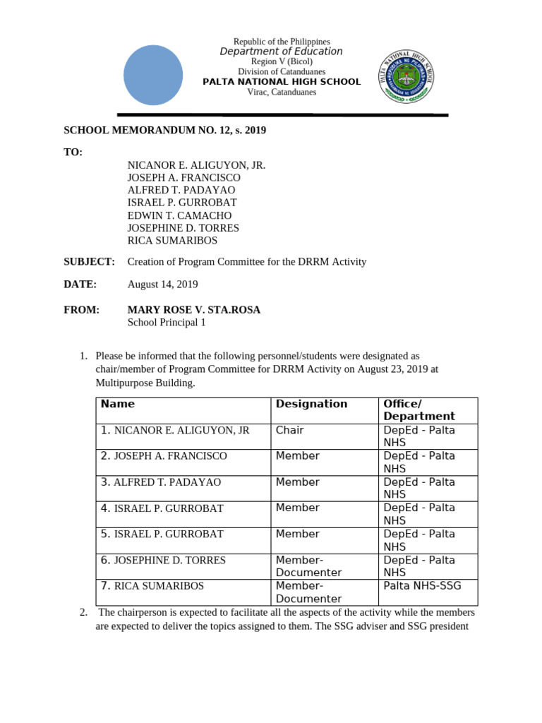 DRRM Program Committee Formation Memo | PDF | Wellness | Science ...