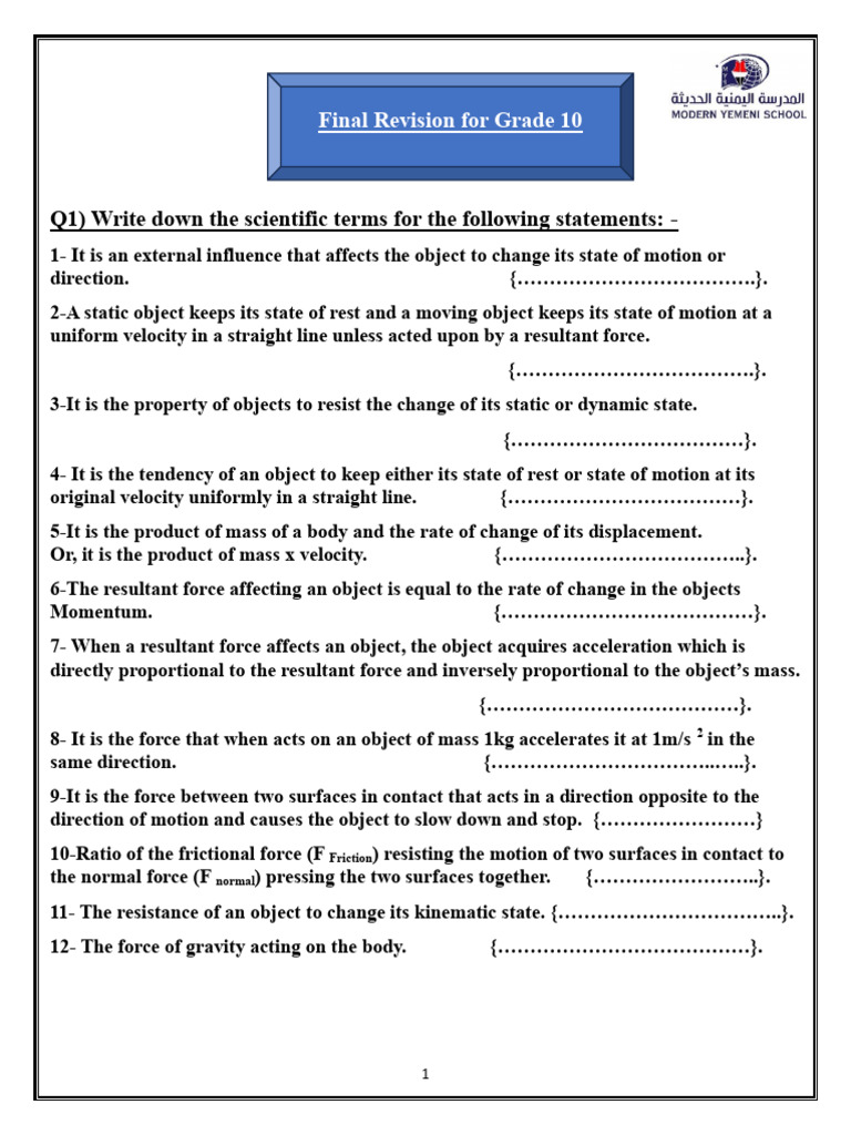 Final Revision For Grade 10 (2023 - 2024) | PDF | Force | Acceleration