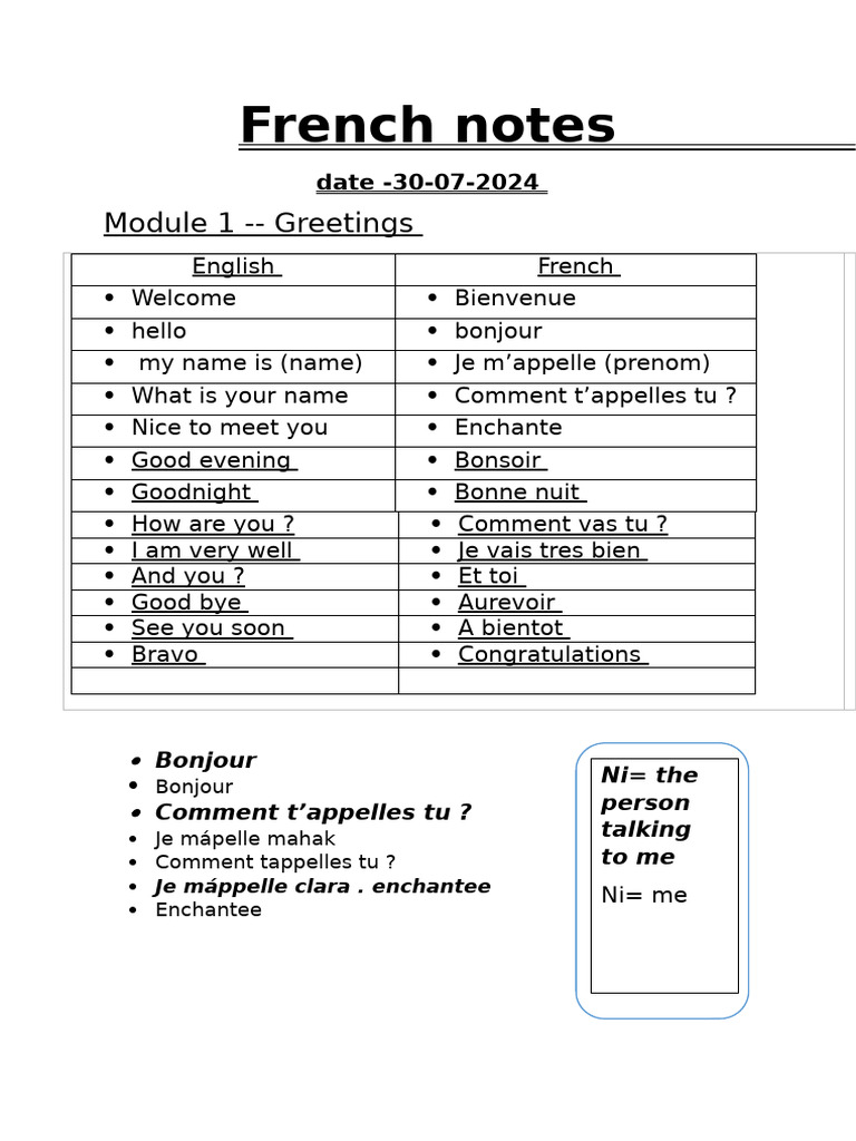 French Greetings and Introductions Notes | PDF | Language Arts & Discipline