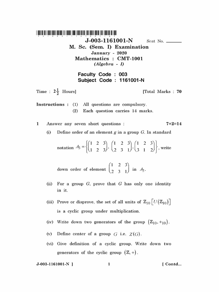 M. Sc. (Sem. I) Examination January - 2020 Mathematics - CMT-1001 ...