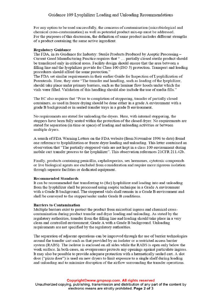 Guidance 109 Lyophilizer Loading and Unloading Recommendations Sample ...