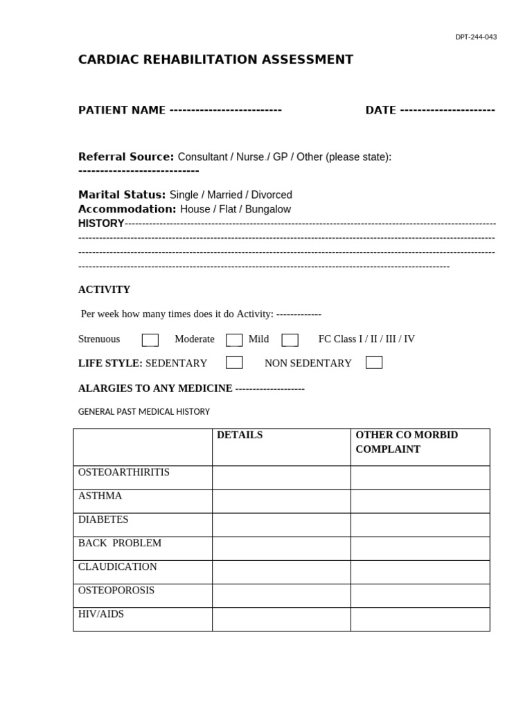 Cardiac Rehabilitation Assessment Form | PDF | Heart | Percutaneous ...
