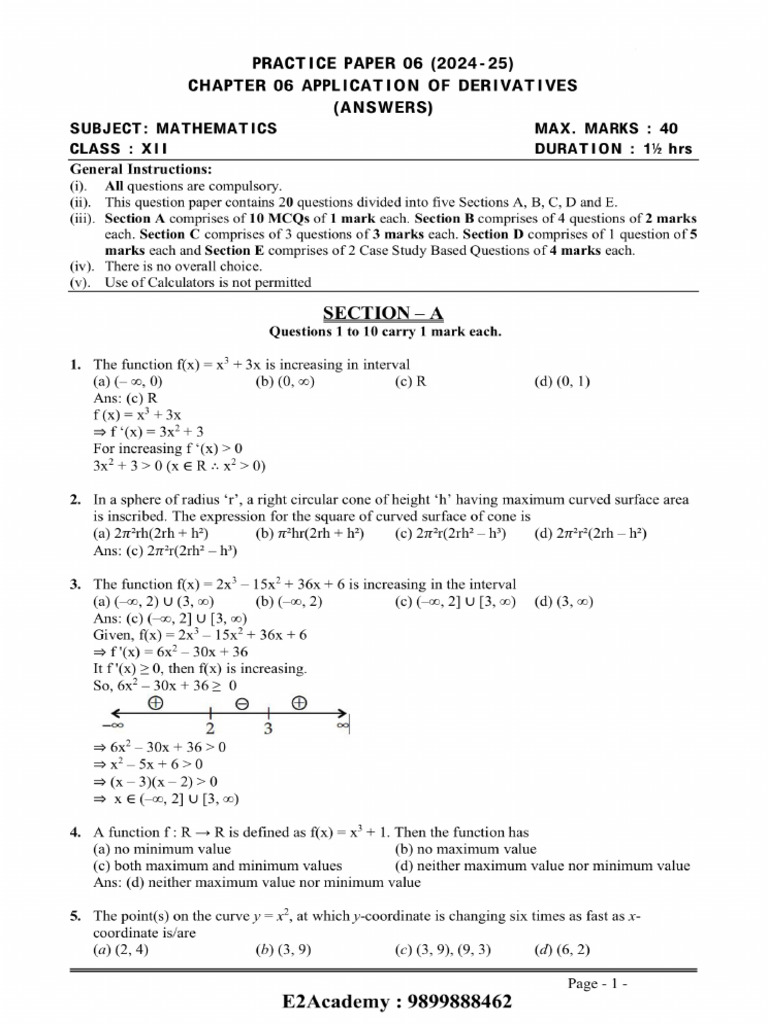 12th Application of Derivatives Test 2 Solutions | PDF