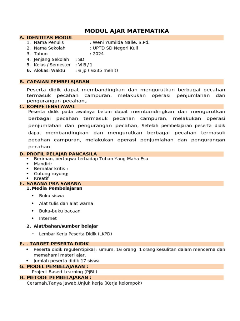 Modul Ajar Pecahan untuk SD Kelas VI | PDF