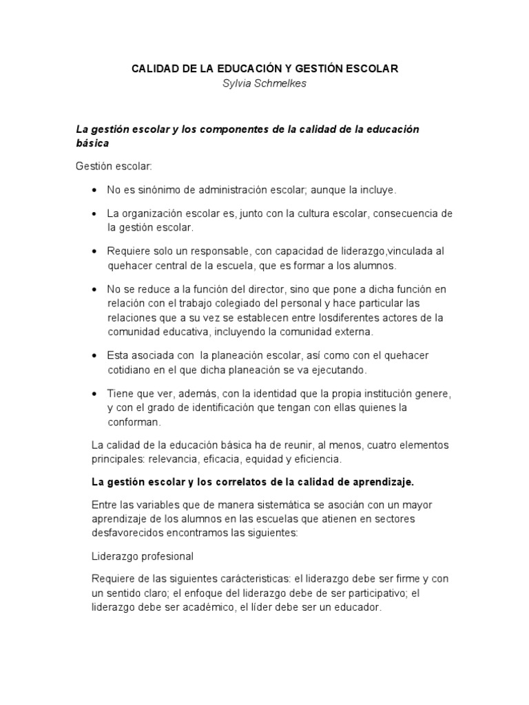 Calidad de La Educacion y Gestion Escolar Sylvia Schmelkes | PDF ...