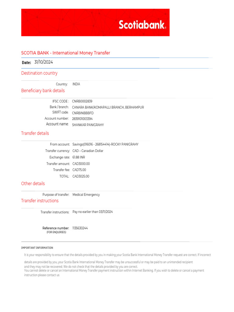 Scotia Bank International Transfer Receipt | PDF