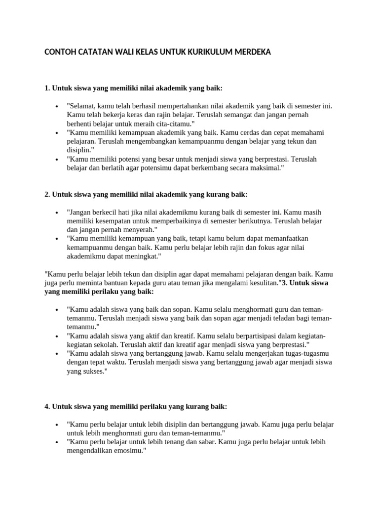 Contoh Catatan Wali Kelas SD Merdeka | PDF