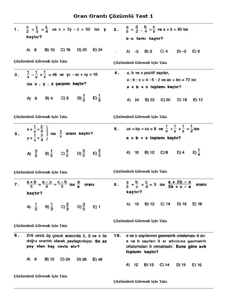 Oran Orantı Çözümlü Test 1: Tıkla Tıkla | PDF