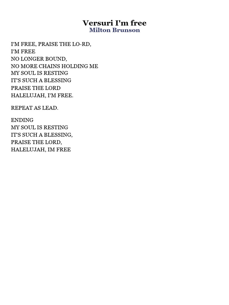 I'm Free Lyrics by Milton Brunson PDF SelfImprovement Poetry