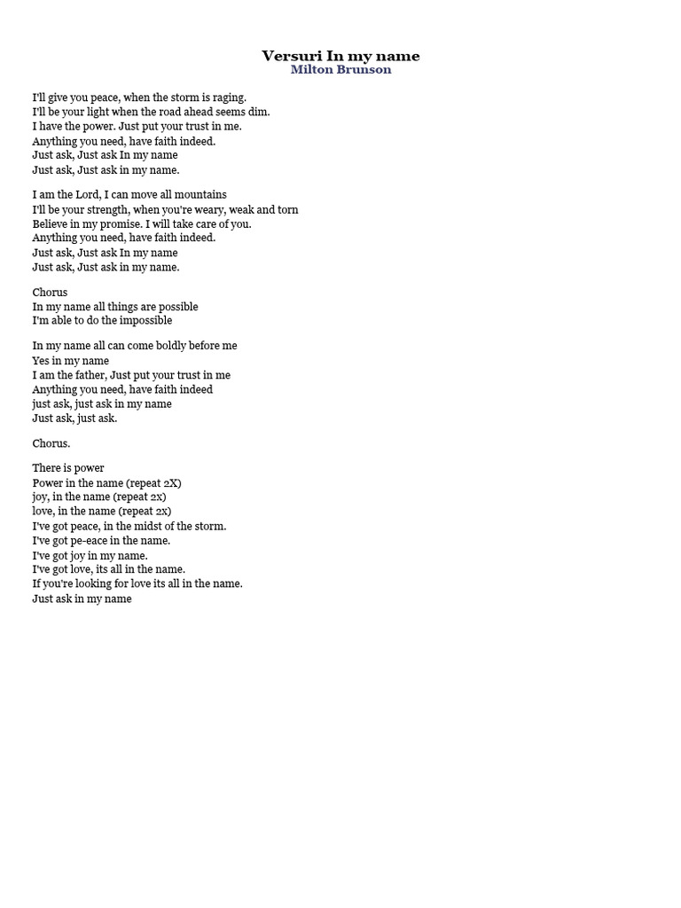 Power in the Name Lyrics by Milton Brunson PDF