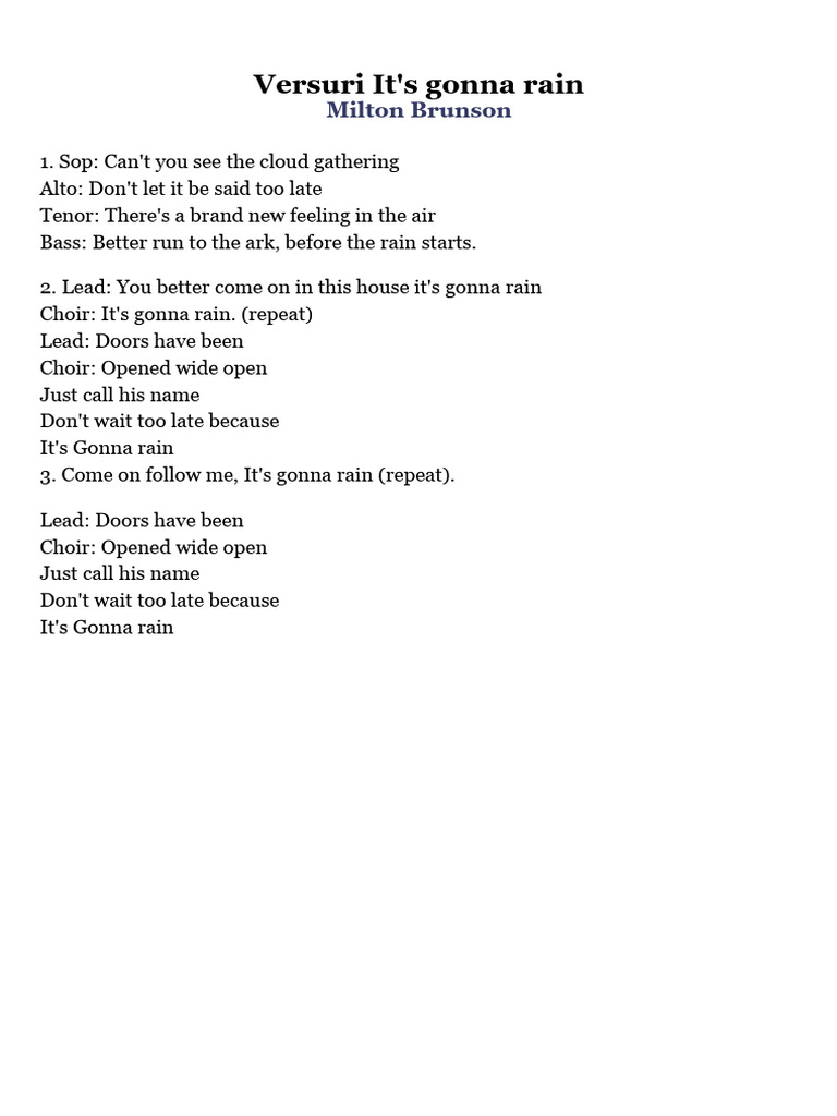 It's Gonna Rain - Versuri Milton Brunson | PDF