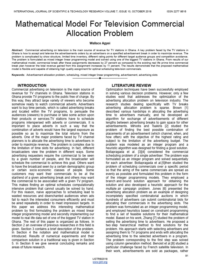 Mathematical Model For Television Commercial Allocation Problem | PDF ...