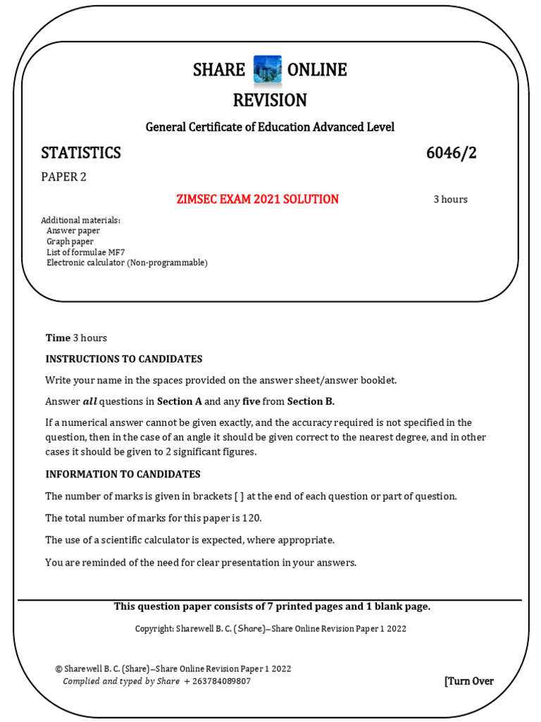2021 Zimsec Ms (Revised) Paper 2 (A'level Statistics) Share | PDF ...