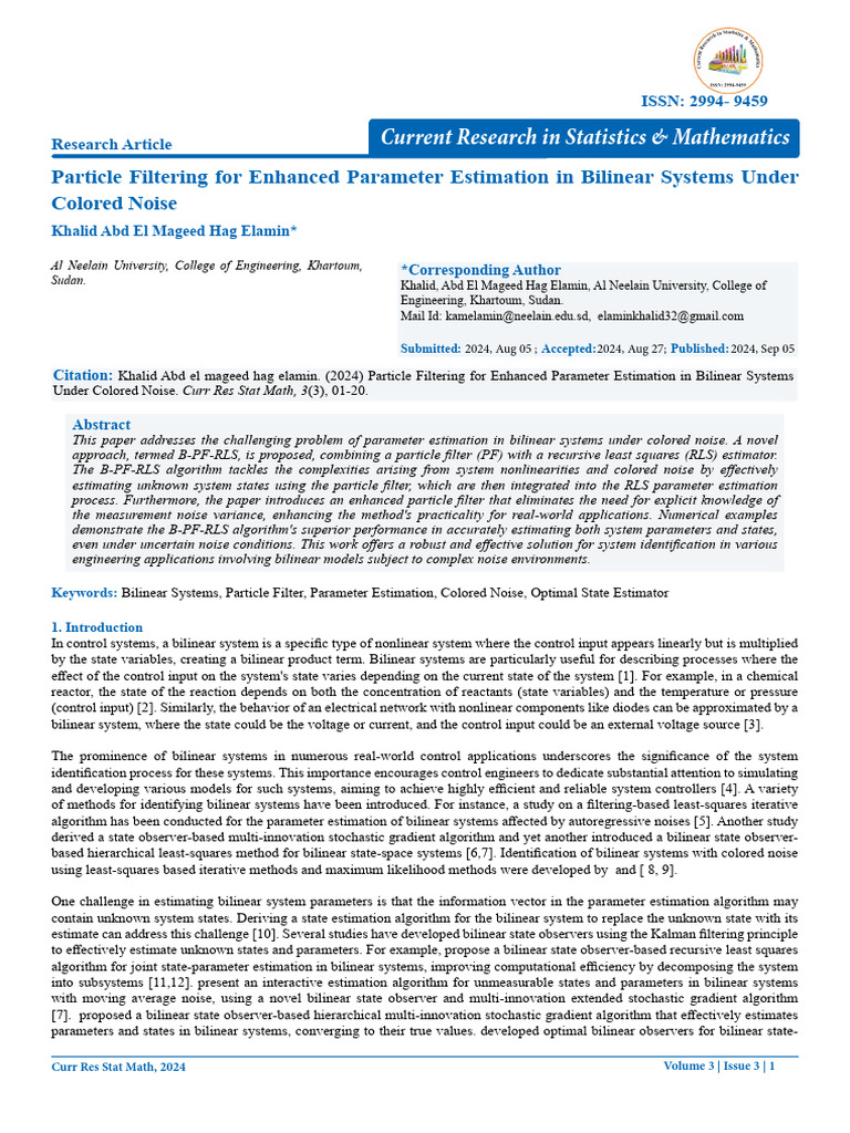 Enhanced Parameter Estimation in Bilinear Systems | PDF | Kalman Filter ...