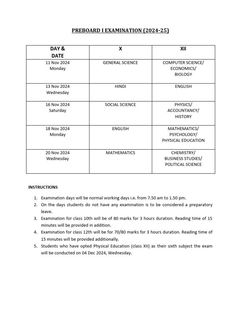 Pre Board I Examination Datesheet For Class X and Xii-1 | PDF