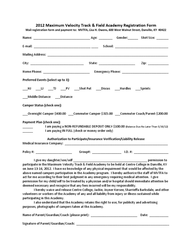 MVTFA 2012 Track & Field Registration | PDF
