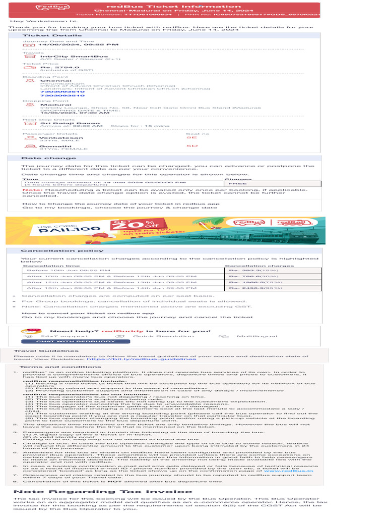 Note Regarding Tax Invoice: Redbus Ticket Information | PDF | Bus
