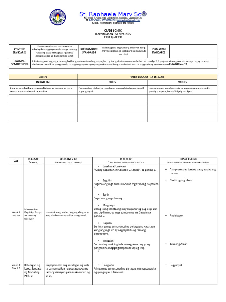Q1 GMRC 6 Learning Plan | PDF