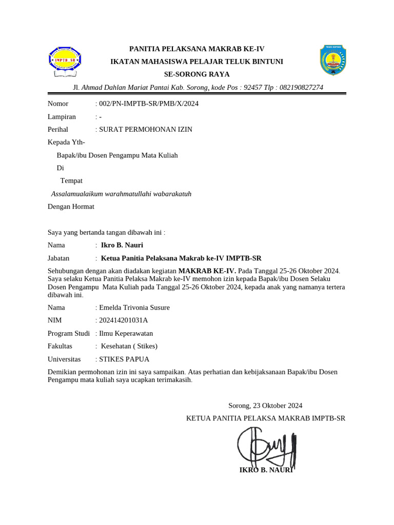 Permohonan Izin Makrab IV IMPTB-SR | PDF