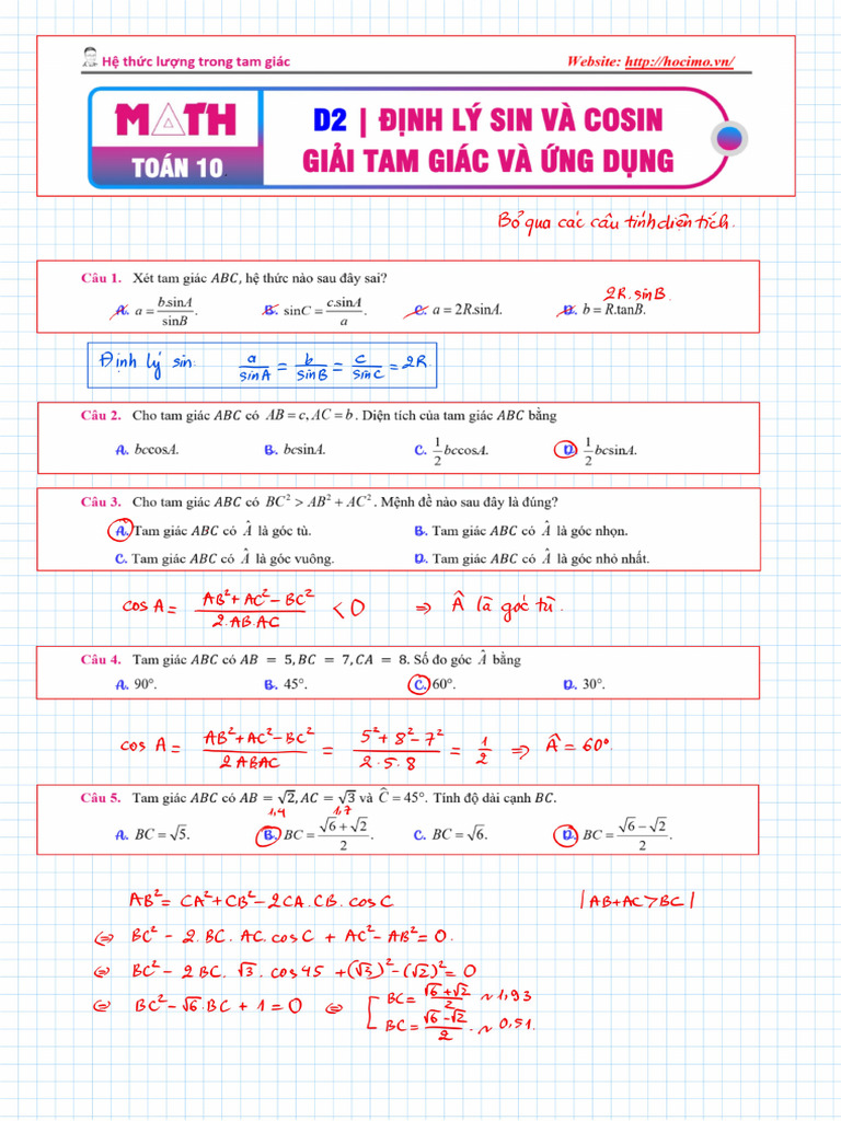 D1 - Định Lý Sin Và Cosin - Đáp Án Viết Tay | PDF