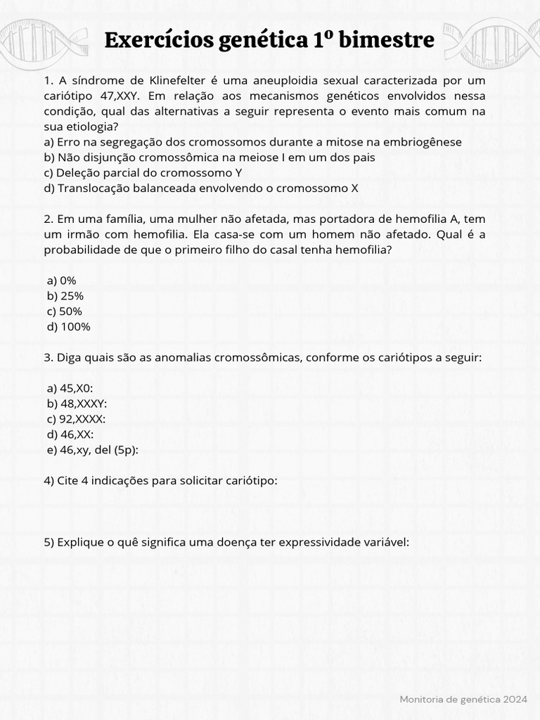 Exercícios de Genética Básica 2024 | PDF | Genótipo | Genética