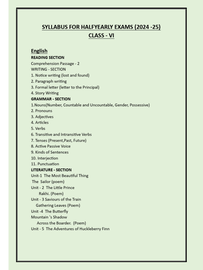 Class VI Half-Yearly Exam Syllabus 2024-25 | PDF | Verb | Linguistics