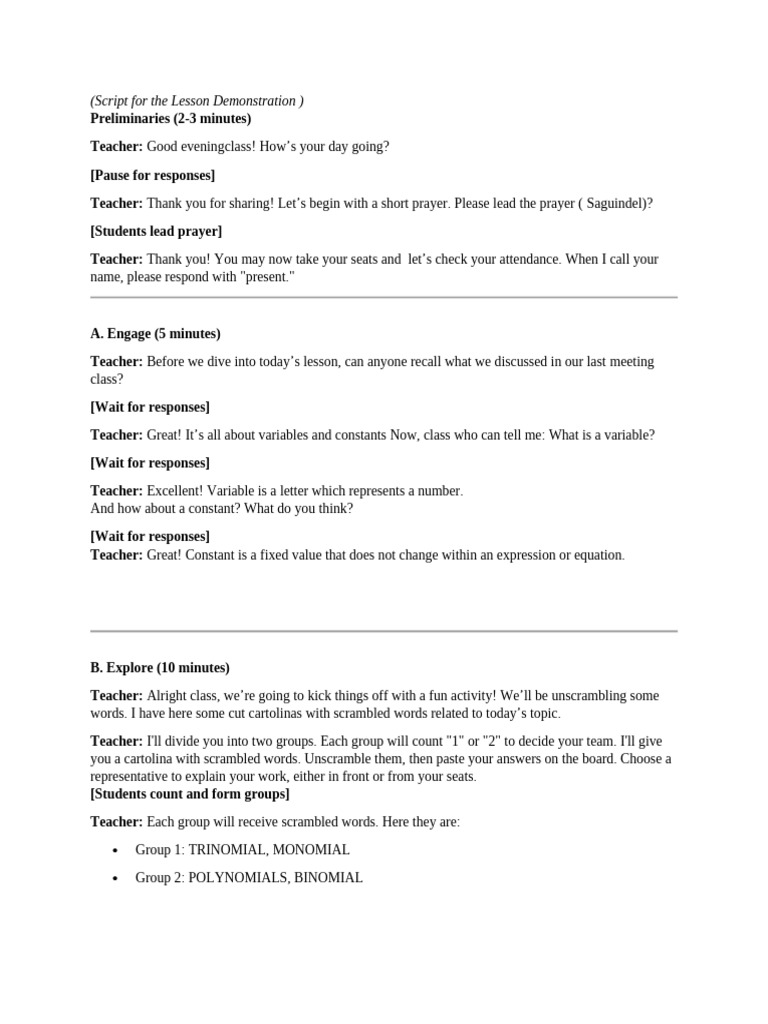 Script For The Lesson DemonstrationFINAL | PDF | Subtraction ...
