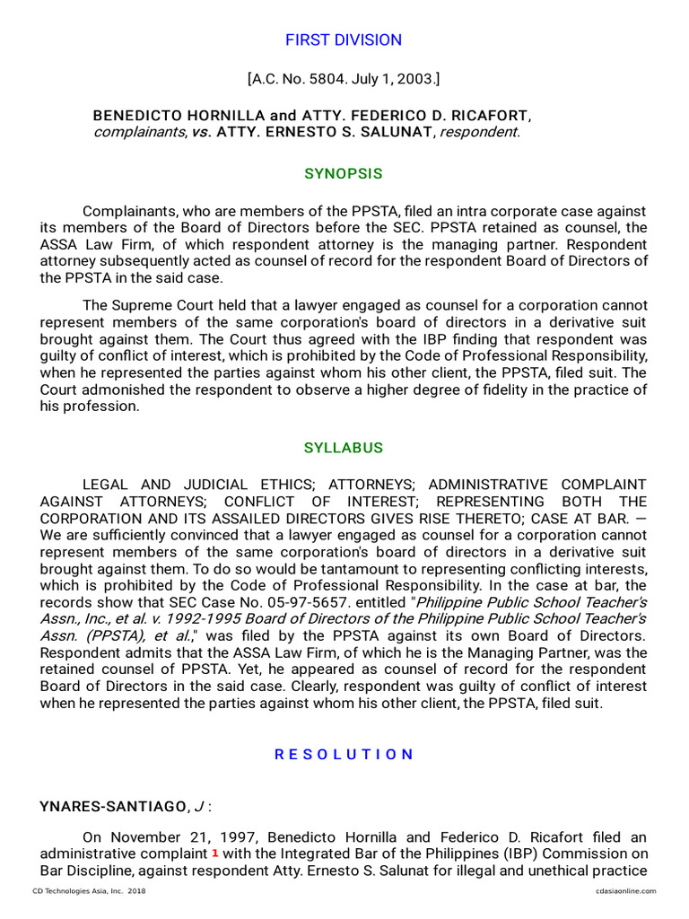 A.C. No. 5804 (Resolution) - Hornilla v. Salunat | PDF | Lawyer | Lawsuit