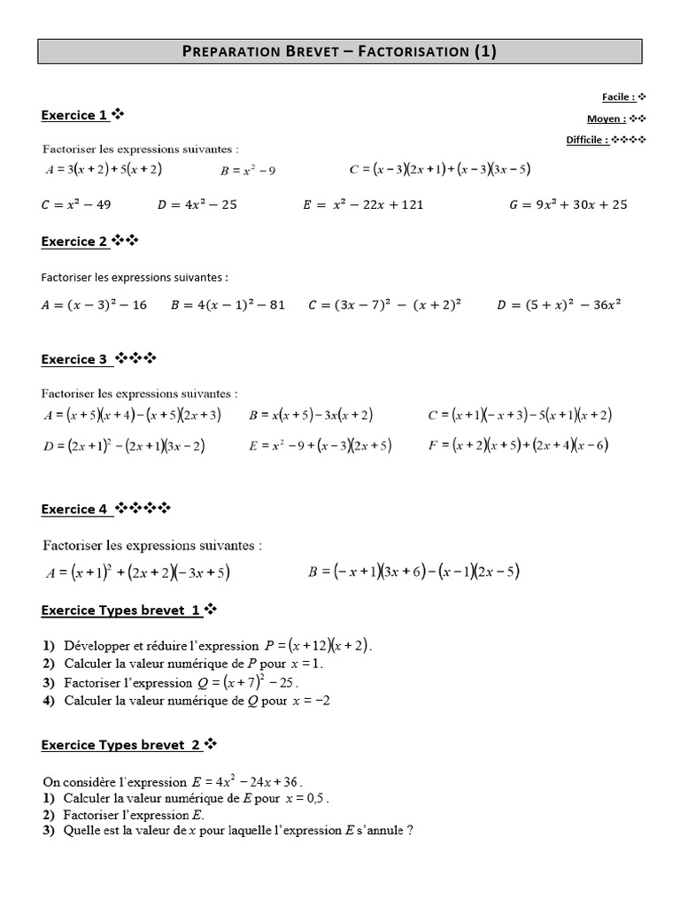Prépa Maths : Factorisation Brevet | PDF