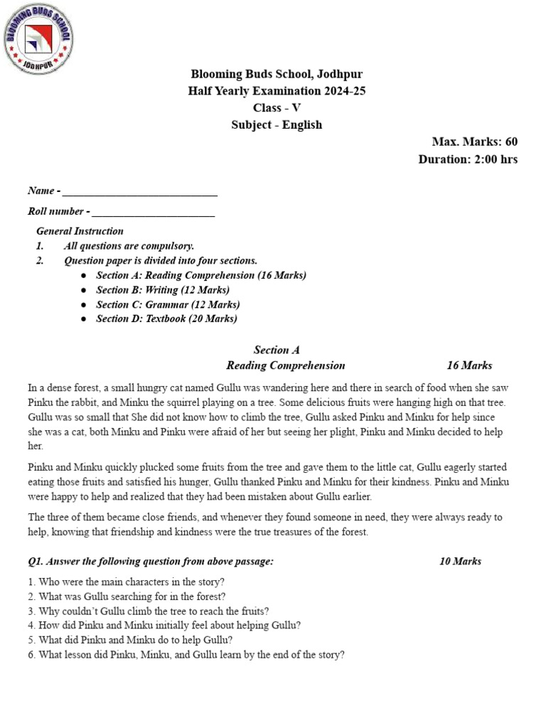 Half Yearly Examination 2024-25 English Class V | PDF | Linguistics