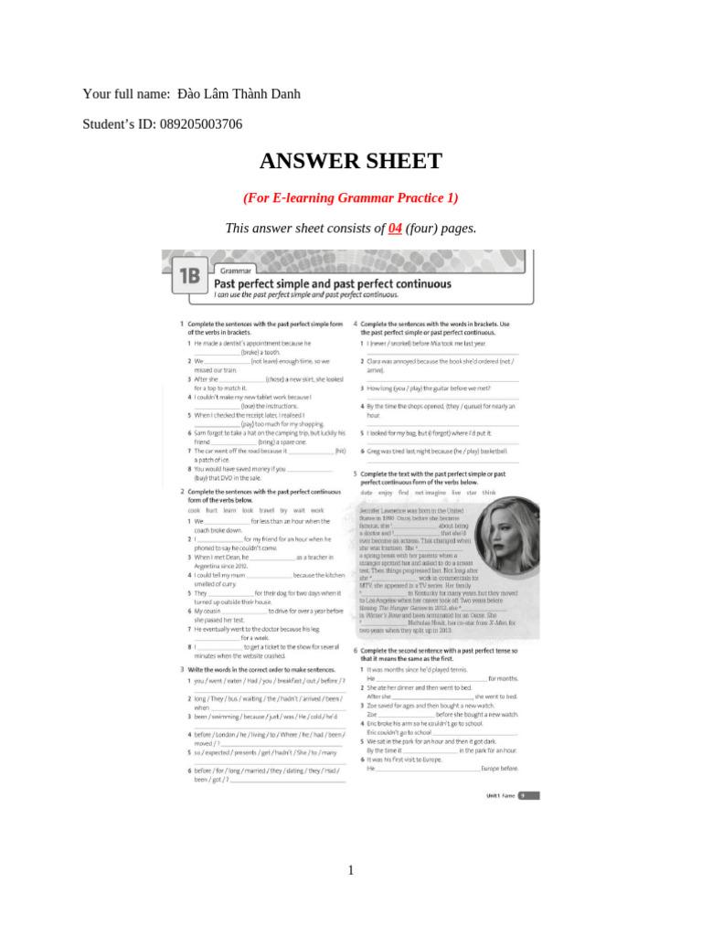 E learning grammar practice 1 answer sheet 1 pdf