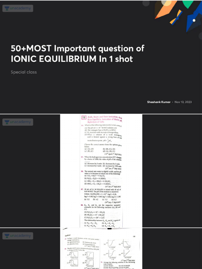 50MOST Important Question of IONIC EQUILIBRIUM in 1 Shot No Anno | PDF