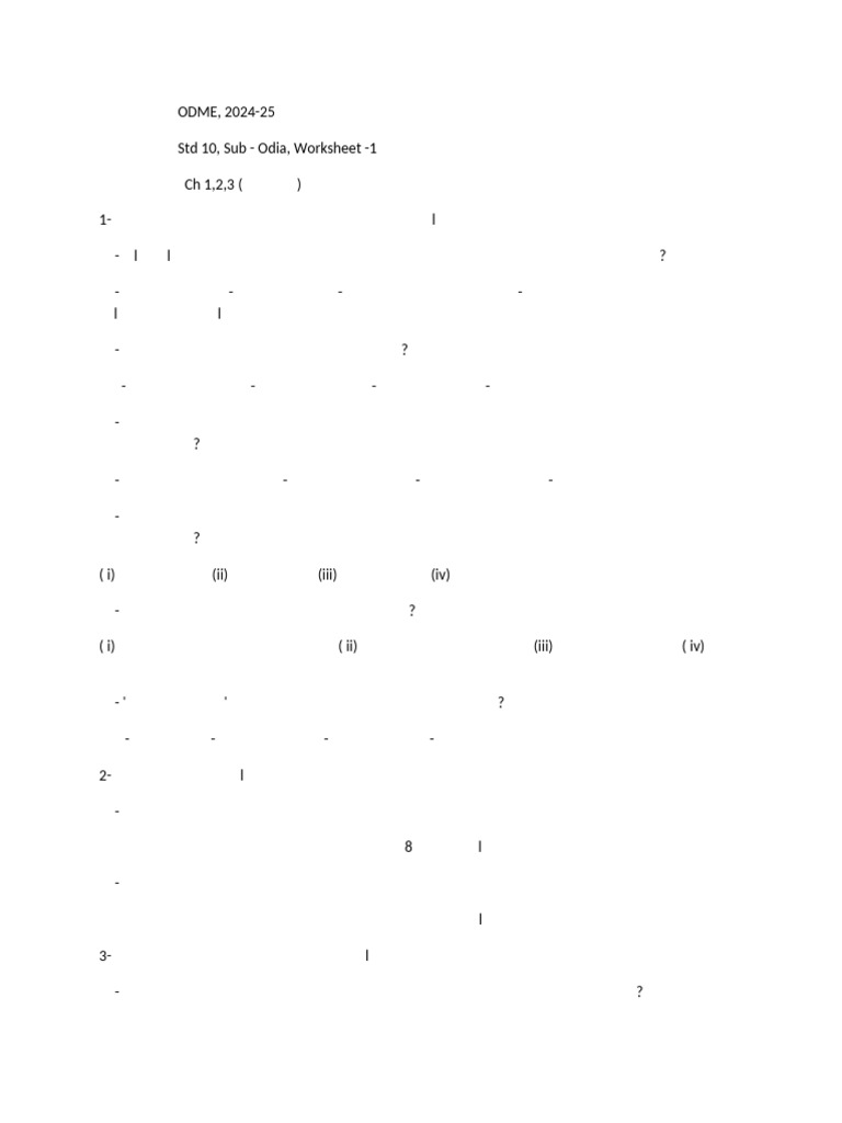 Worksheet 1, Sub Odia HY STD 10 | PDF