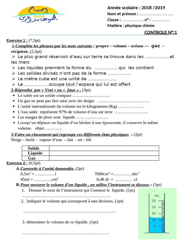 Contrôle de Physique-Chimie 1AC | PDF | Eau | Gaz