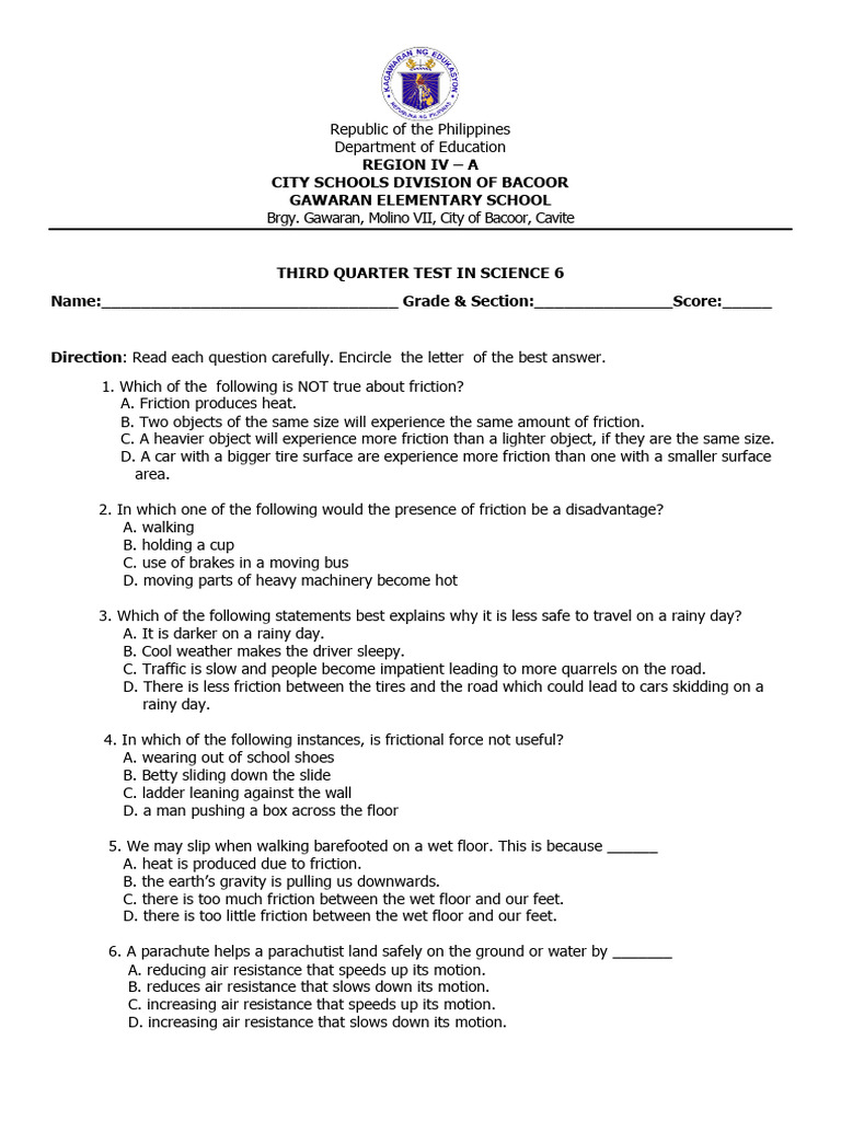 Third Quarter Test in Science 6 | PDF | Friction | Gravity