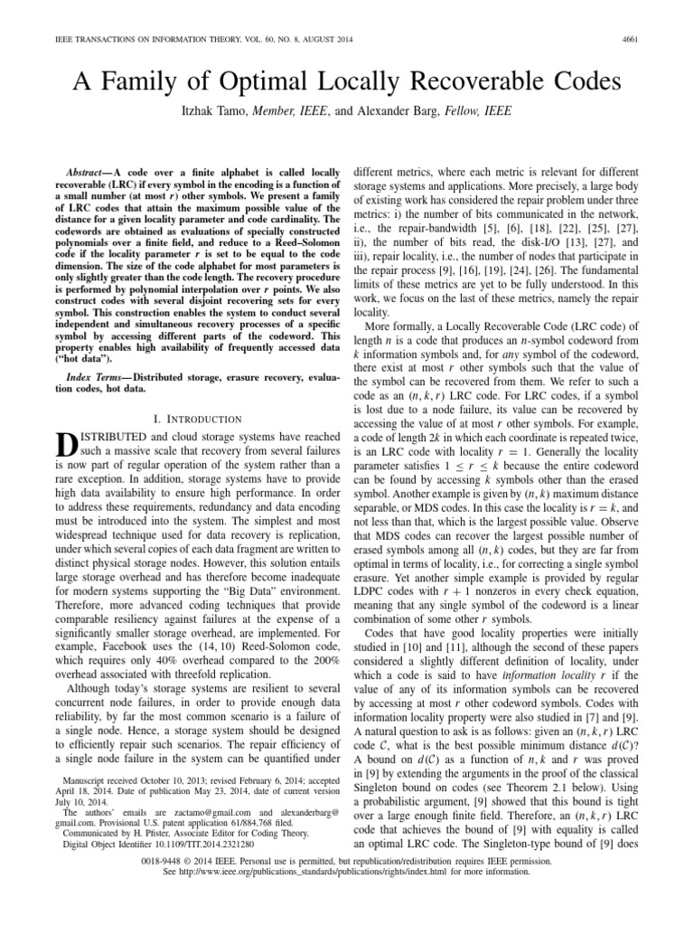 A Family of Optimal Locally Recoverable Codes - Tamo, Barg - 2014 | PDF ...